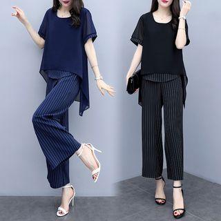 Set: Short-sleeve Chiffon Blouse + Striped Wide Leg Pants