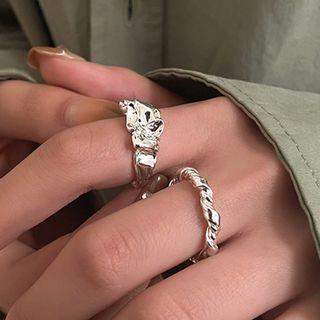 Set: Irregular Alloy Open Ring + Irregular Alloy Ring Set Of 2 - Silver - One Size