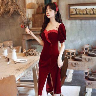 Short-sleeve Velvet Evening Dress