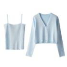 Set: Long Sleeve Plain Knit Cardigan + Camisole
