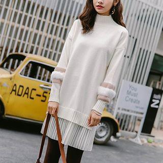 Pleated Hem Furry Trim Long Sleeve Knit Dress