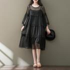 Crochet Trim 3/4 Sleeve Tiered Midi Dress With Slipdress