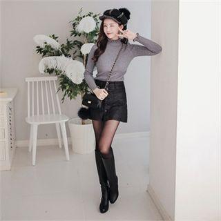 Mock-neck Frilled-detail Ribbed Top