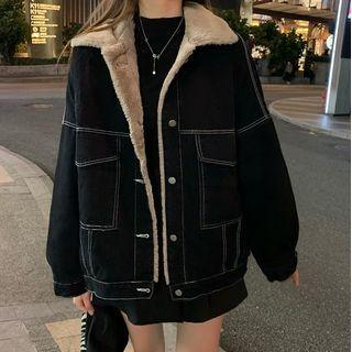 Contrast Stitching Faux Shearling Jacket Black - One Size
