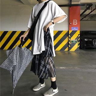 Asymmetric Elbow-sleeve Top / Tiered Midi Skirt