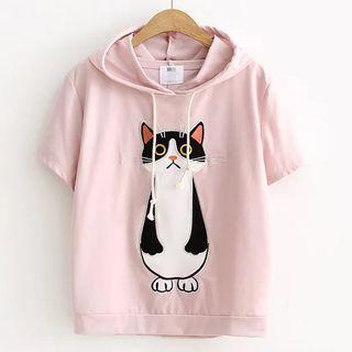 Cat Applique Hooded Short-sleeve T-shirt