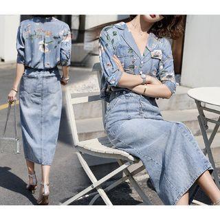 Set: Elbow-sleeve Denim Shirt + Midi Skirt