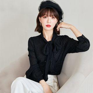 Long-sleeve Tie-neck Polka Dot Blouse