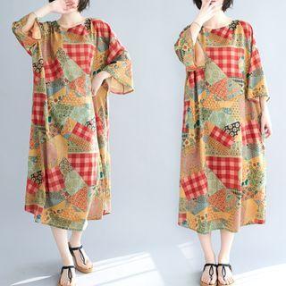 Patterned 3/4-sleeve Midi A-line Dress As Shown In Figure - One Size