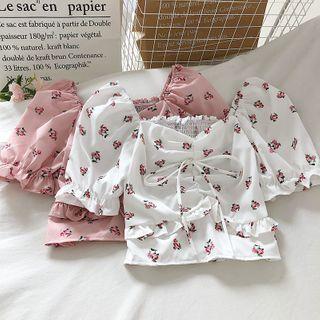 Square Neck Drawstring Puff-sleeve Blouse