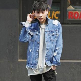 Metal-button Distressed Denim Jacket