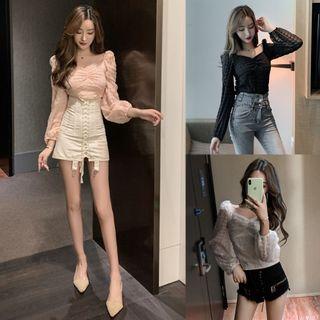 V-neck Chiffon Blouse / Lace-up A-line Skirt