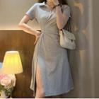 Short-sleeve Polo Collar Half-zip Slit Dress