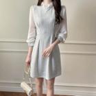 Frilled Contrast-sleeve Tweed Dress