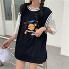 Mock Two Piece Planet Printed Short-sleeve T-shirt