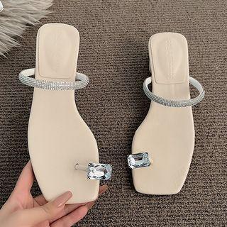 Chunky Heel Rhinestone Toe-loop Slide Sandals