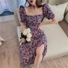 Floral Print Short-sleeve Slit Midi Dress As Shown In Figure - One Size