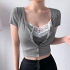 Mock Two-piece Short-sleeve Lace Trim Button-up Crop Top