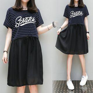 Lettering Striped Short Sleeve Drawstring Waist Dress
