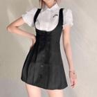 Short-sleeve Ruffle Shirt / Button-up Mini Overall Dress
