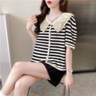 Puff-sleeve Striped T-shirt Stripe - Black & White - One Size