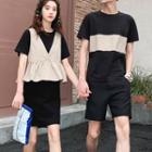 Couple Matching Color Block Short-sleeve T-shirt / T-shirt Dress / V-neck Vest / Plain Shorts / Set