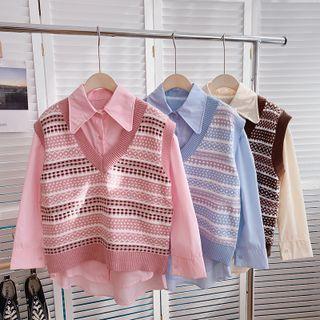 Set: Long-sleeve Plain Shirt + V-neck Color Block Knit Vest
