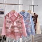 Set: Long-sleeve Plain Shirt + V-neck Color Block Knit Vest