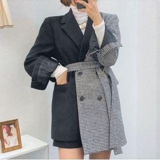 Tie-waist Double-breasted Plaid Panel Blazer