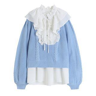 Mock Two-piece Tie-neck Ruffled Sweater Blue - One Size
