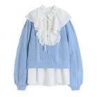 Mock Two-piece Tie-neck Ruffled Sweater Blue - One Size