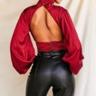 Long-sleeve Open Back Satin Blouse