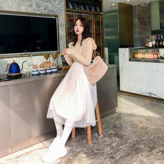 Long-sleeve Knit Midi Mesh Dress Almond - One Size