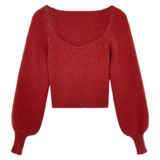 Long-sleeve Plain Square-neck Knit Top Red - One Size
