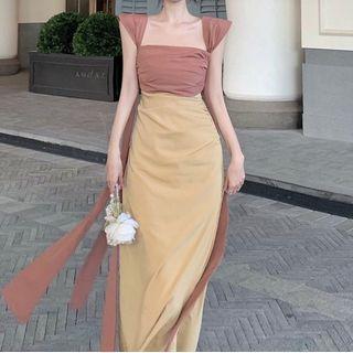 Cap-sleeve Square-neck Maxi Sheath Dress
