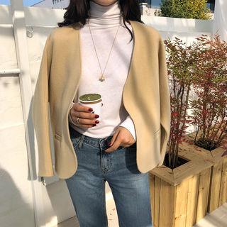 Collarless Wool Blend Handmade Jacket