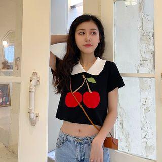 Cherry Print Short-sleeve Knit Top / Boot-cut Jeans
