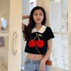 Cherry Print Short-sleeve Knit Top / Boot-cut Jeans