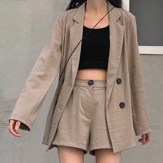 Set: Double-breasted Shirt + High Waist Shorts As Shown In Figure - One Size