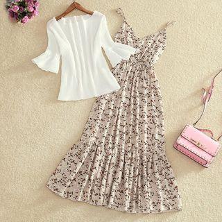 Ribbed Bell Elbow-sleeve Top / Printed Midi Spaghetti Strap Dress / Set: Ribbed Bell Elbow-sleeve Top + Printed Midi Spaghetti Strap Dress