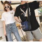 Couple Matching Elbow-sleeve Crane Embroidered T-shirt