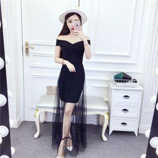 Short-sleeve Sheer Panel Maxi Party Dress