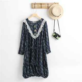 Long-sleeve Lace-trim Chiffon Dress