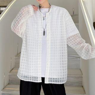 Long-sleeve Round Neck Check Mesh Shirt