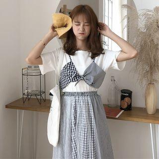 Set: Short-sleeve Mock Two-piece Top + Midi Plaid Mesh Skirt As Shown In Figure - One Size