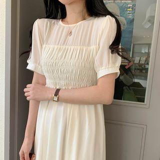 Short-sleeve Shirred A-line Midi Dress