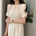 Short-sleeve Shirred A-line Midi Dress