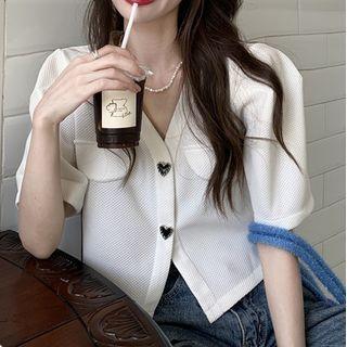 Short-sleeve V-neck Heart Button Blouse