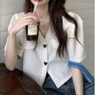 Short-sleeve V-neck Heart Button Blouse