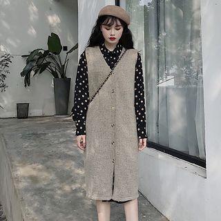 Dotted Shirtdress With Sash / Long Knit Vest